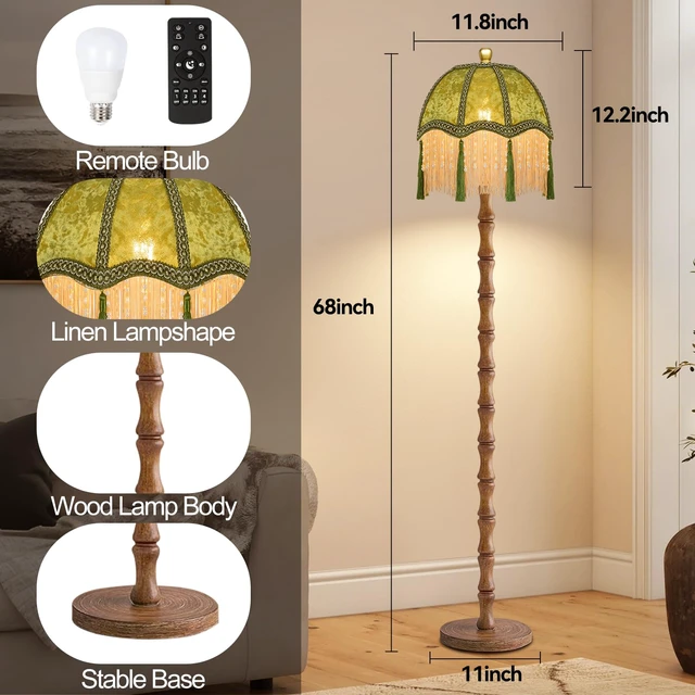 Alt view image 5 of 7 - Wood Floor Lamps for Living Room Boho Rustic Floor Lamp with Remote Control,Dimmable Vintage Floor Lamp Green Mid Century Modern Standing Lamp Pole Tall Fringe Floor Lamp for Bedroom Corner