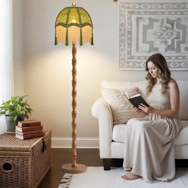 Alt view image 6 of 7 - Wood Floor Lamps for Living Room Boho Rustic Floor Lamp with Remote Control,Dimmable Vintage Floor Lamp Green Mid Century Modern Standing Lamp Pole Tall Fringe Floor Lamp for Bedroom Corner