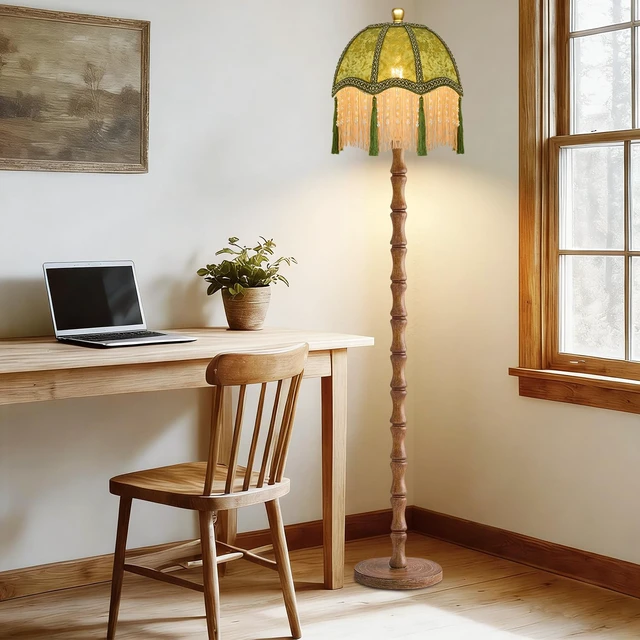 Alt view image 7 of 7 - Wood Floor Lamps for Living Room Boho Rustic Floor Lamp with Remote Control,Dimmable Vintage Floor Lamp Green Mid Century Modern Standing Lamp Pole Tall Fringe Floor Lamp for Bedroom Corner