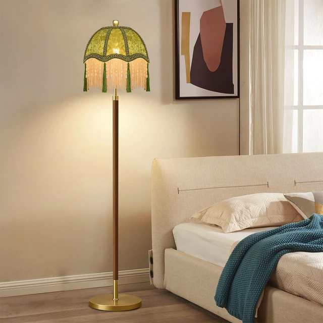 Alt view image 3 of 7 - Wood Floor Lamps for Living Room Vintage Floor Lamp with Remote Control & 3 Color Temperature,Dimmable Floor Lamp Mid Century Modern Standing Lamp Green Fringe Tall Floor Lamp for Bedroom Corner