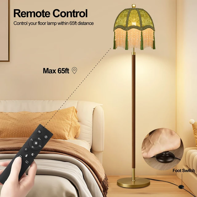 Alt view image 4 of 7 - Wood Floor Lamps for Living Room Vintage Floor Lamp with Remote Control & 3 Color Temperature,Dimmable Floor Lamp Mid Century Modern Standing Lamp Green Fringe Tall Floor Lamp for Bedroom Corner