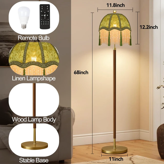 Alt view image 5 of 7 - Wood Floor Lamps for Living Room Vintage Floor Lamp with Remote Control & 3 Color Temperature,Dimmable Floor Lamp Mid Century Modern Standing Lamp Green Fringe Tall Floor Lamp for Bedroom Corner