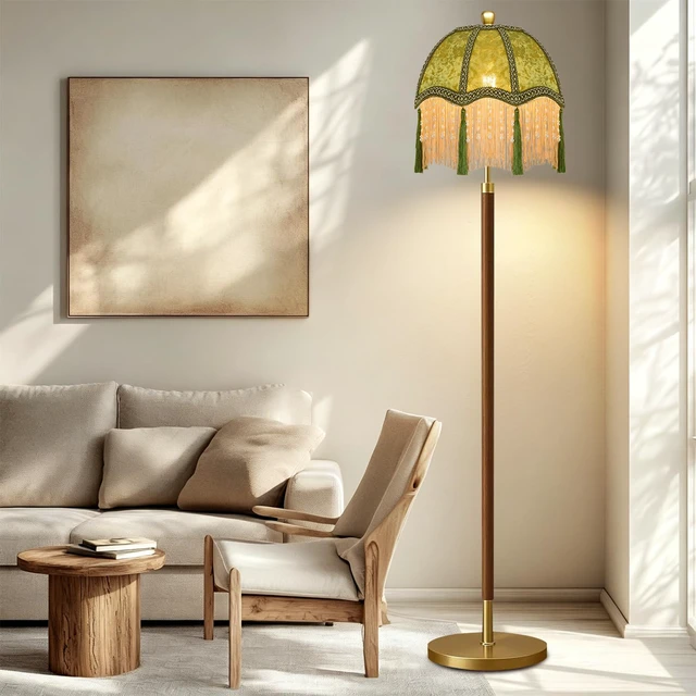 Alt view image 7 of 7 - Wood Floor Lamps for Living Room Vintage Floor Lamp with Remote Control & 3 Color Temperature,Dimmable Floor Lamp Mid Century Modern Standing Lamp Green Fringe Tall Floor Lamp for Bedroom Corner