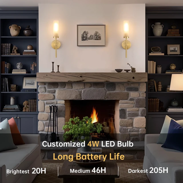 Alt view image 2 of 7 - Battery Operated Wall Sconces Set of 2, Gold Rechargeable Wall Lighting Fixtures, Dimmable Wall Lights with Remote & Opal Glass Shade for Living Room, Bathroom,Bedroom