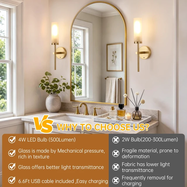 Alt view image 4 of 7 - Battery Operated Wall Sconces Set of 2, Gold Rechargeable Wall Lighting Fixtures, Dimmable Wall Lights with Remote & Opal Glass Shade for Living Room, Bathroom,Bedroom