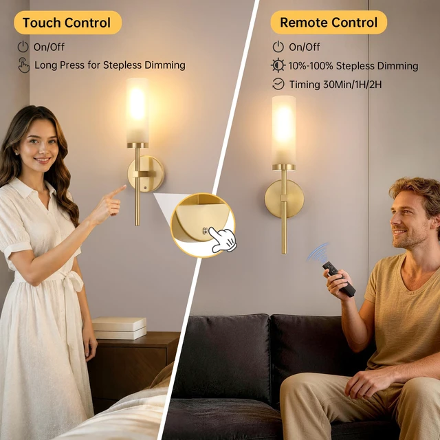 Alt view image 5 of 7 - Battery Operated Wall Sconces Set of 2, Gold Rechargeable Wall Lighting Fixtures, Dimmable Wall Lights with Remote & Opal Glass Shade for Living Room, Bathroom,Bedroom