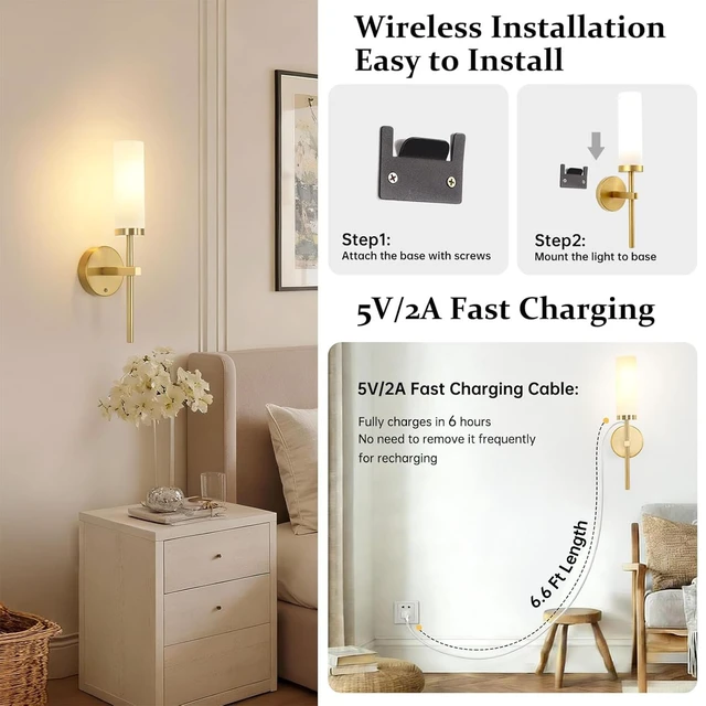 Alt view image 6 of 7 - Battery Operated Wall Sconces Set of 2, Gold Rechargeable Wall Lighting Fixtures, Dimmable Wall Lights with Remote & Opal Glass Shade for Living Room, Bathroom,Bedroom