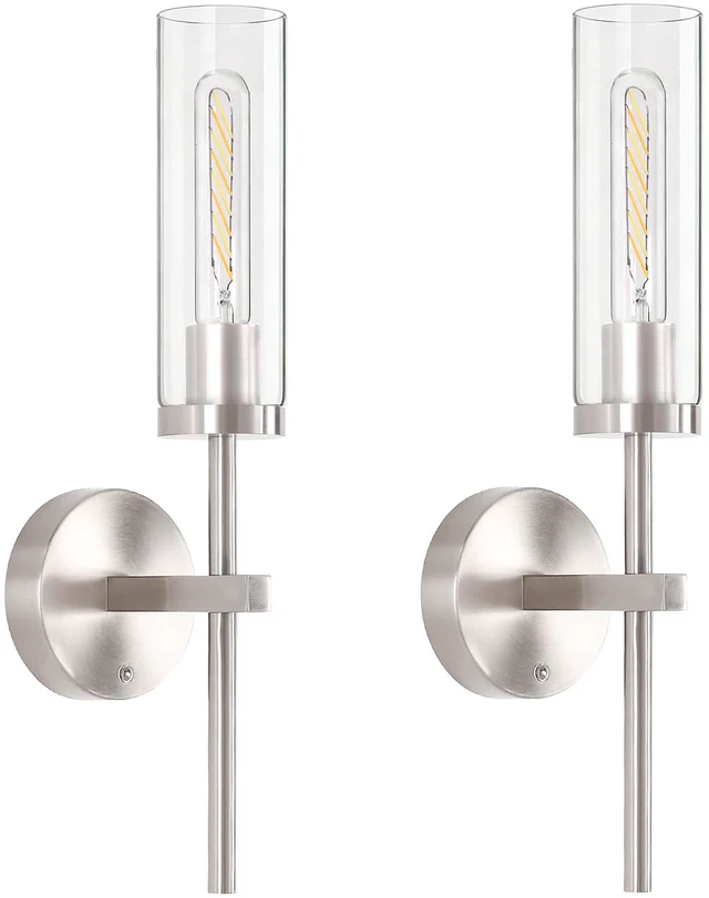 Main image of Battery Operated Wall Sconces Set of 2, Nickel Rechargeable Wall Lighting Fixtures, Dimmable Wall Lights with Remote & Clear Glass Shade for Living Room, Bathroom,Bedroom