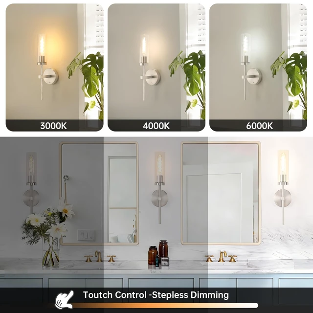 Alt view image 3 of 7 - Battery Operated Wall Sconces Set of 2, Nickel Rechargeable Wall Lighting Fixtures, Dimmable Wall Lights with Remote & Clear Glass Shade for Living Room, Bathroom,Bedroom