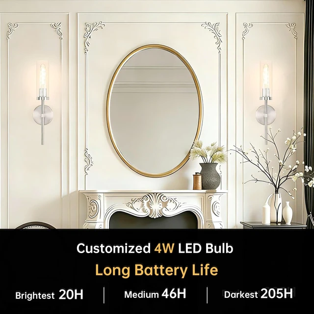 Alt view image 2 of 7 - Battery Operated Wall Sconces Set of 2, Nickel Rechargeable Wall Lighting Fixtures, Dimmable Wall Lights with Remote & Clear Glass Shade for Living Room, Bathroom,Bedroom