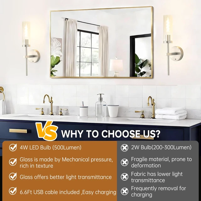 Alt view image 4 of 7 - Battery Operated Wall Sconces Set of 2, Nickel Rechargeable Wall Lighting Fixtures, Dimmable Wall Lights with Remote & Clear Glass Shade for Living Room, Bathroom,Bedroom