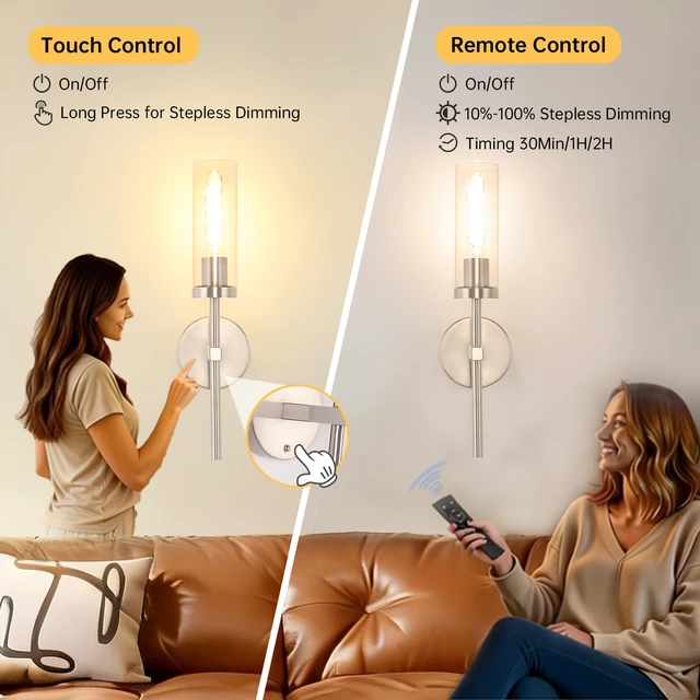 Alt view image 5 of 7 - Battery Operated Wall Sconces Set of 2, Nickel Rechargeable Wall Lighting Fixtures, Dimmable Wall Lights with Remote & Clear Glass Shade for Living Room, Bathroom,Bedroom