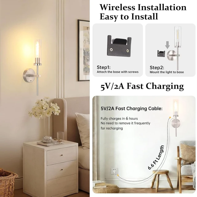 Alt view image 6 of 7 - Battery Operated Wall Sconces Set of 2, Nickel Rechargeable Wall Lighting Fixtures, Dimmable Wall Lights with Remote & Clear Glass Shade for Living Room, Bathroom,Bedroom