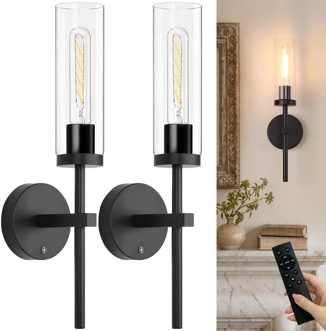 Main image of Battery Operated Wall Sconces Set of 2, Black Rechargeable Wall Lighting Fixtures, Dimmable Wall Lights with Remote & Clear Glass Shade for Living Room, Bathroom,Bedroom