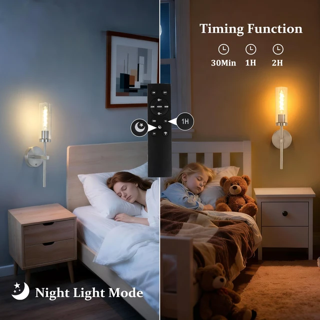 Alt view image 7 of 7 - Battery Operated Wall Sconces Set of 2, Nickel Rechargeable Wall Lighting Fixtures, Dimmable Wall Lights with Remote & Clear Glass Shade for Living Room, Bathroom,Bedroom