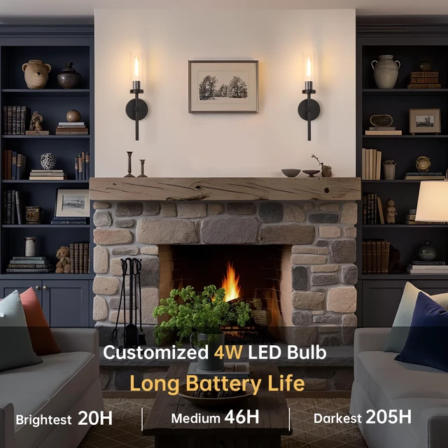 Alt view image 2 of 7 - Battery Operated Wall Sconces Set of 2, Black Rechargeable Wall Lighting Fixtures, Dimmable Wall Lights with Remote & Clear Glass Shade for Living Room, Bathroom,Bedroom