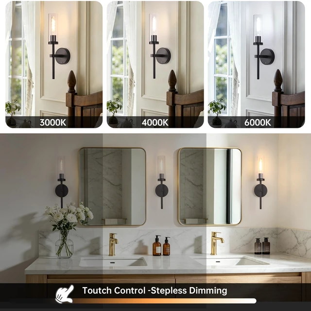 Alt view image 3 of 7 - Battery Operated Wall Sconces Set of 2, Black Rechargeable Wall Lighting Fixtures, Dimmable Wall Lights with Remote & Clear Glass Shade for Living Room, Bathroom,Bedroom