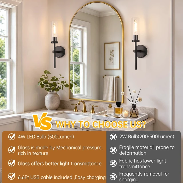 Alt view image 4 of 7 - Battery Operated Wall Sconces Set of 2, Black Rechargeable Wall Lighting Fixtures, Dimmable Wall Lights with Remote & Clear Glass Shade for Living Room, Bathroom,Bedroom
