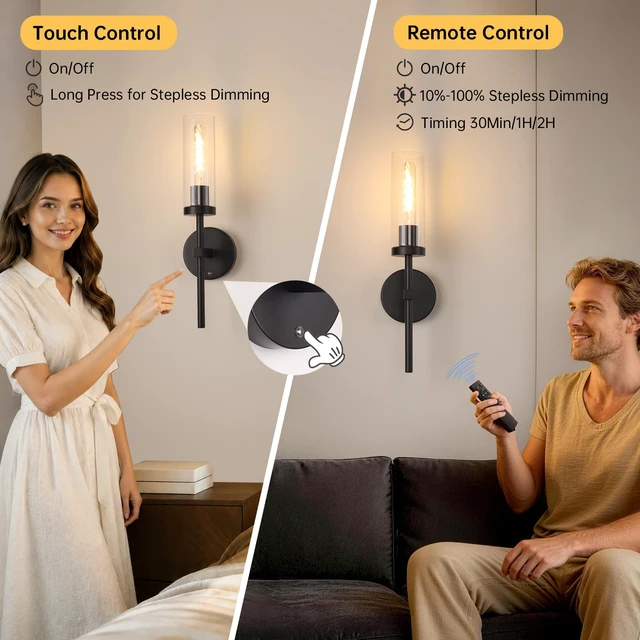 Alt view image 5 of 7 - Battery Operated Wall Sconces Set of 2, Black Rechargeable Wall Lighting Fixtures, Dimmable Wall Lights with Remote & Clear Glass Shade for Living Room, Bathroom,Bedroom