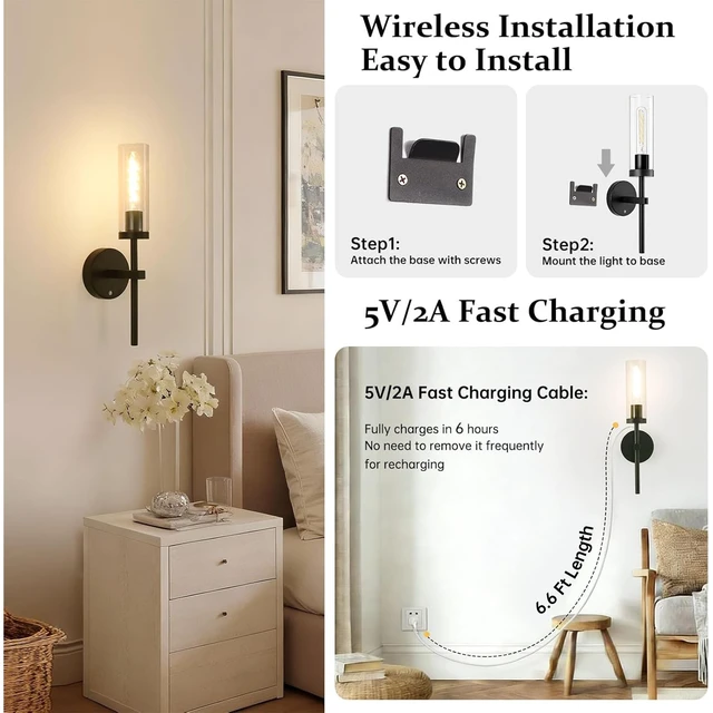 Alt view image 6 of 7 - Battery Operated Wall Sconces Set of 2, Black Rechargeable Wall Lighting Fixtures, Dimmable Wall Lights with Remote & Clear Glass Shade for Living Room, Bathroom,Bedroom
