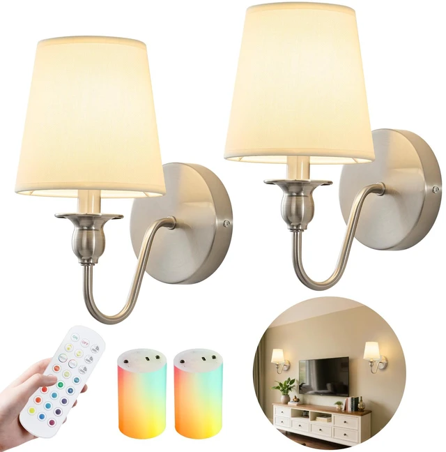Main image of Battery Operated Wall Sconces set of Two,Rechargeable Wall Sconce with 1000mAh Dimmable Bulb and Remote,LED 15 Colors Wireless Battery Powered Wall Sconce with Fabric for Bedroom Living Room (Nickel)