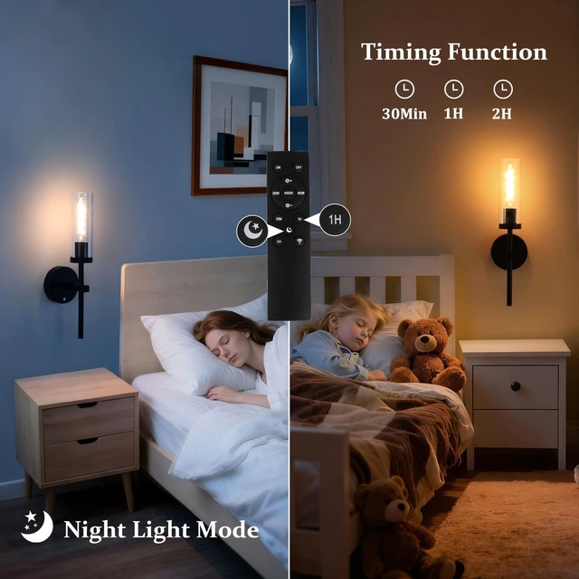 Alt view image 7 of 7 - Battery Operated Wall Sconces Set of 2, Black Rechargeable Wall Lighting Fixtures, Dimmable Wall Lights with Remote & Clear Glass Shade for Living Room, Bathroom,Bedroom