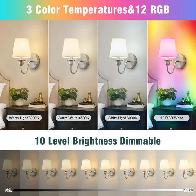 Alt view image 2 of 7 - Battery Operated Wall Sconces set of Two,Rechargeable Wall Sconce with 1000mAh Dimmable Bulb and Remote,LED 15 Colors Wireless Battery Powered Wall Sconce with Fabric for Bedroom Living Room (Nickel)