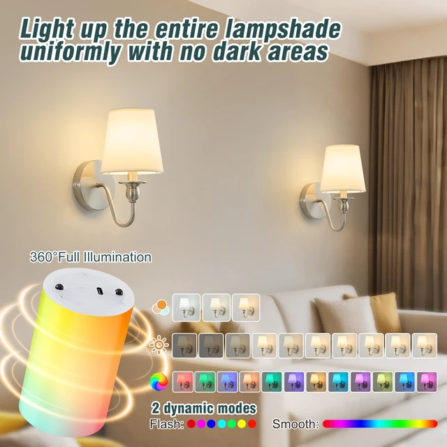 Alt view image 3 of 7 - Battery Operated Wall Sconces set of Two,Rechargeable Wall Sconce with 1000mAh Dimmable Bulb and Remote,LED 15 Colors Wireless Battery Powered Wall Sconce with Fabric for Bedroom Living Room (Nickel)