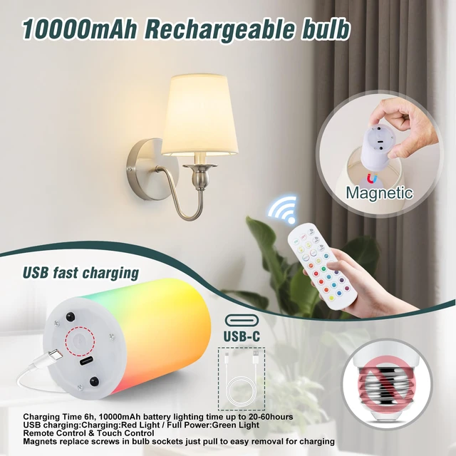 Alt view image 5 of 7 - Battery Operated Wall Sconces set of Two,Rechargeable Wall Sconce with 1000mAh Dimmable Bulb and Remote,LED 15 Colors Wireless Battery Powered Wall Sconce with Fabric for Bedroom Living Room (Nickel)
