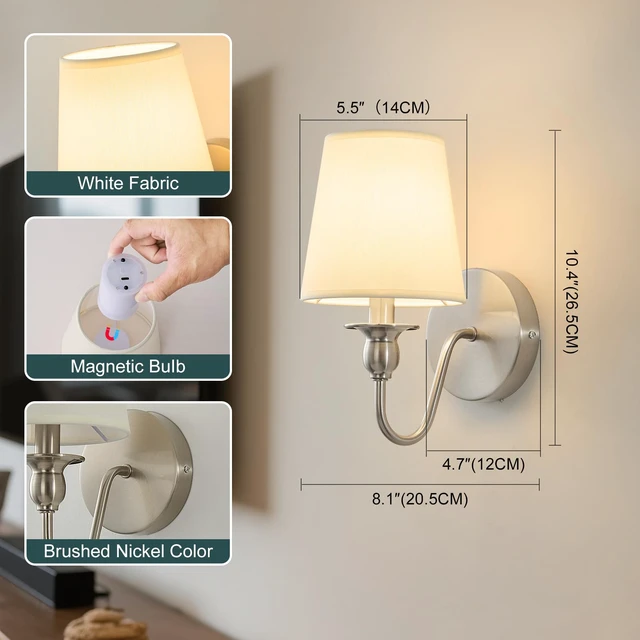 Alt view image 6 of 7 - Battery Operated Wall Sconces set of Two,Rechargeable Wall Sconce with 1000mAh Dimmable Bulb and Remote,LED 15 Colors Wireless Battery Powered Wall Sconce with Fabric for Bedroom Living Room (Nickel)