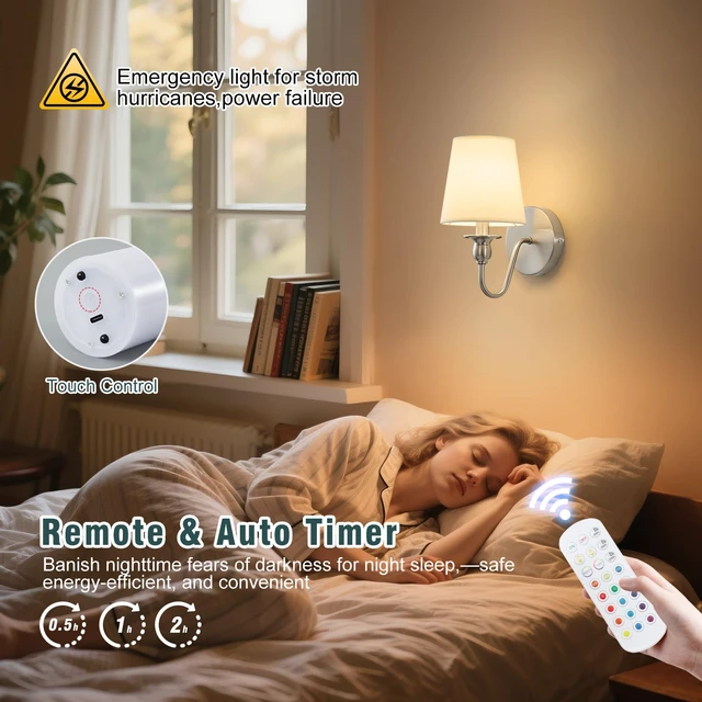 Alt view image 7 of 7 - Battery Operated Wall Sconces set of Two,Rechargeable Wall Sconce with 1000mAh Dimmable Bulb and Remote,LED 15 Colors Wireless Battery Powered Wall Sconce with Fabric for Bedroom Living Room (Nickel)