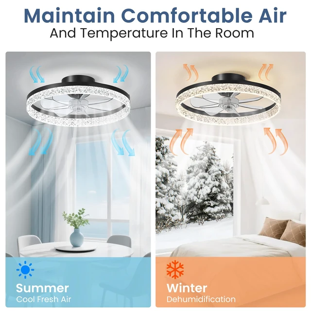 Alt view image 2 of 7 - Ceiling Fan with Light, 20" Foldable Ceiling Fans with 6 Wind Speeds Modern Low Profile Dimmable Smart Ceiling Fan Light with Remote for Bedroom, Kids Room and Living Room (Crystal Black)