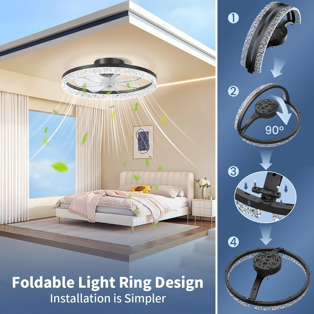 Alt view image 3 of 7 - Ceiling Fan with Light, 20" Foldable Ceiling Fans with 6 Wind Speeds Modern Low Profile Dimmable Smart Ceiling Fan Light with Remote for Bedroom, Kids Room and Living Room (Crystal Black)