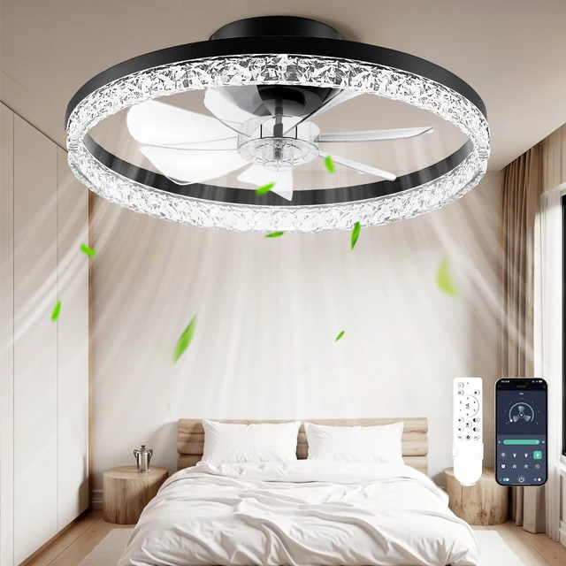 Main image of Ceiling Fan with Light, 20" Foldable Ceiling Fans with 6 Wind Speeds Modern Low Profile Dimmable Smart Ceiling Fan Light with Remote for Bedroom, Kids Room and Living Room (Crystal Black)