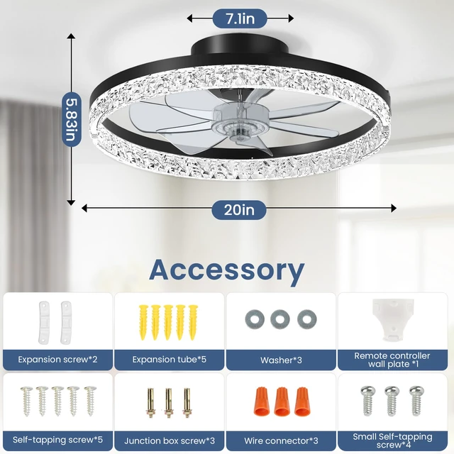Alt view image 7 of 7 - Ceiling Fan with Light, 20" Foldable Ceiling Fans with 6 Wind Speeds Modern Low Profile Dimmable Smart Ceiling Fan Light with Remote for Bedroom, Kids Room and Living Room (Crystal Black)