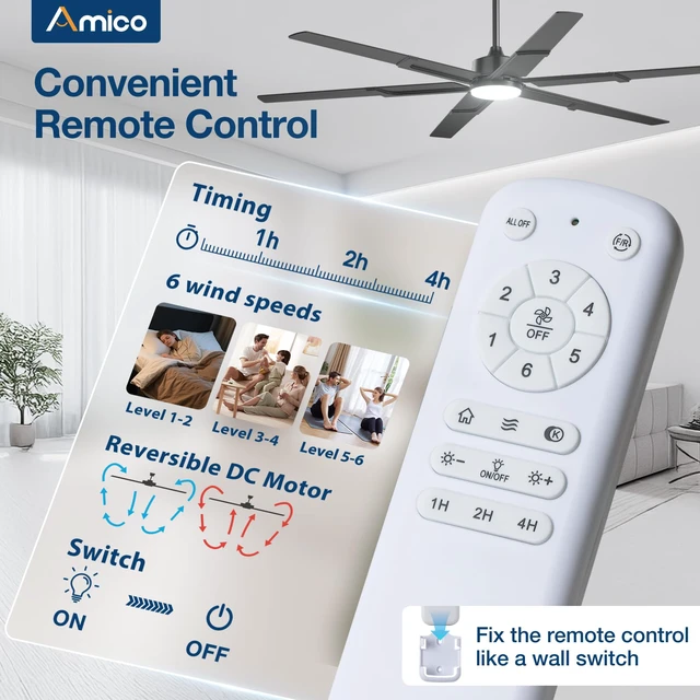 Alt view image 3 of 7 - 72 Inch Ceiling Fans with Lights and Remote, Black 6 Speed Reversible DC Motor, 3CCT, Dimmable, Quiet, Timer, Large Modern Ceiling Fan for Living room, Indoor/Outdoor