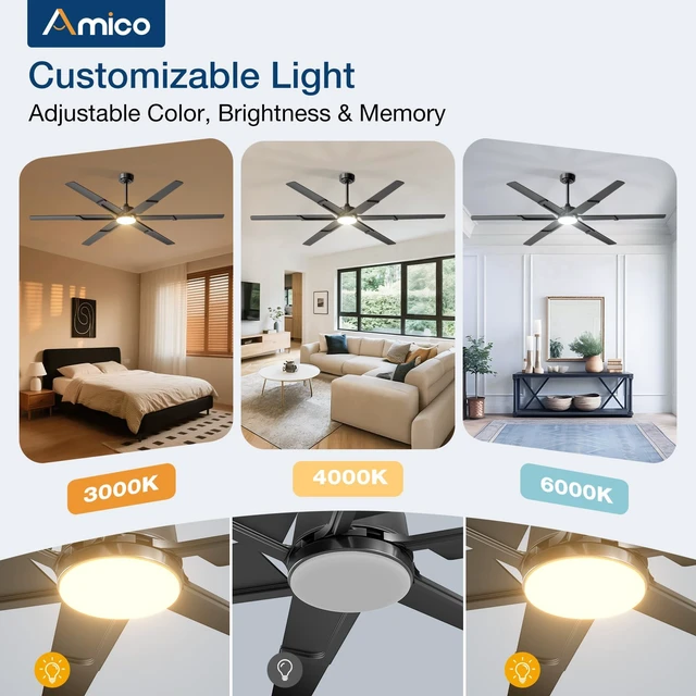 Alt view image 7 of 7 - 72 Inch Ceiling Fans with Lights and Remote, Black 6 Speed Reversible DC Motor, 3CCT, Dimmable, Quiet, Timer, Large Modern Ceiling Fan for Living room, Indoor/Outdoor