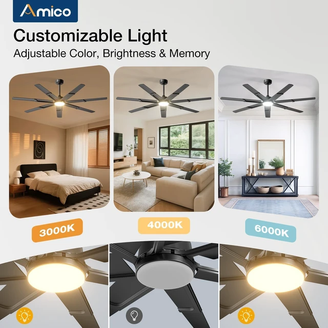 Alt view image 7 of 7 - 66 Inch Ceiling Fans with Lights and Remote, Black 6 Speed Reversible DC Motor, 3CCT, Dimmable, Quiet, Timer, Large Modern Ceiling Fan for Living room, Indoor/Outdoor