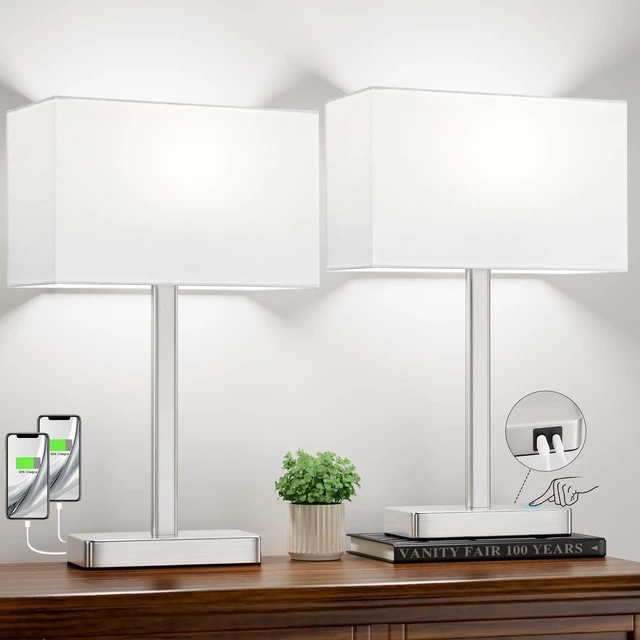 Main image of Touch Lamps for Bedroom Set of 2, 3 Way Dimmable White Bedside Table Lamp Modern Table Lamp for Nightstands, White Nickel Desk Lamp for Home Office, with USB C+A, End Tables Bed Side, Bulb Included