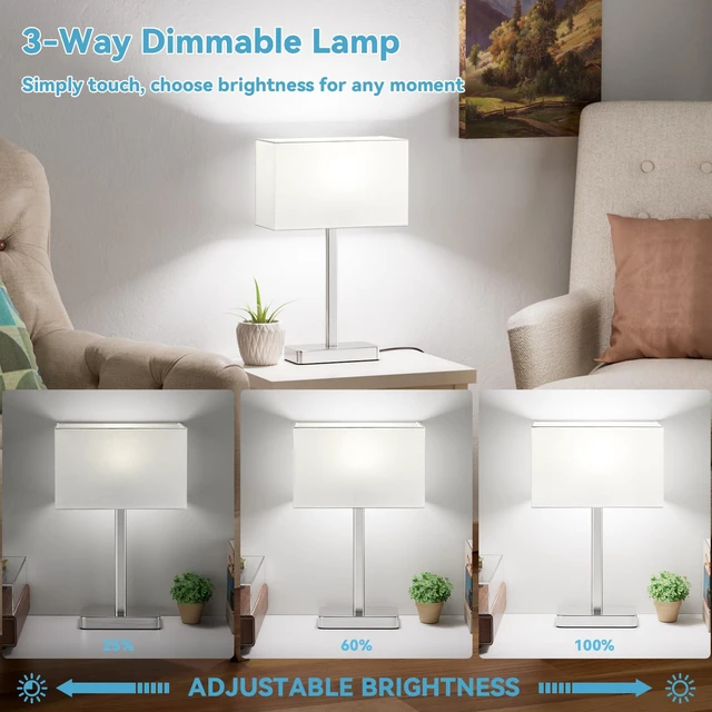Alt view image 2 of 7 - Touch Lamps for Bedroom Set of 2, 3 Way Dimmable White Bedside Table Lamp Modern Table Lamp for Nightstands, White Nickel Desk Lamp for Home Office, with USB C+A, End Tables Bed Side, Bulb Included