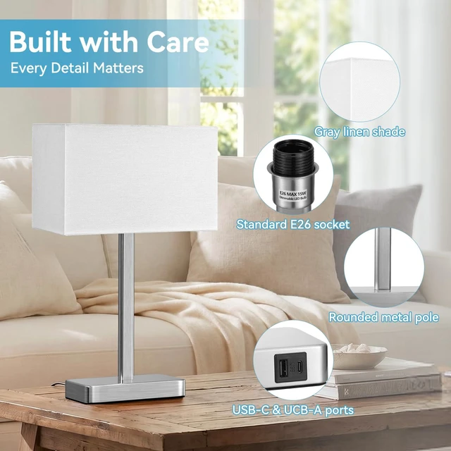 Alt view image 7 of 7 - Touch Lamps for Bedroom Set of 2, 3 Way Dimmable White Bedside Table Lamp Modern Table Lamp for Nightstands, White Nickel Desk Lamp for Home Office, with USB C+A, End Tables Bed Side, Bulb Included