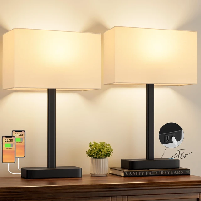 Main image of Bedside Lamps Set of 2, 3 Way Dimmable White Touch Lamps for Bedroom Modern Table Lamp for Nightstands, White Black Desk Lamp for Home Office, with USB C+A, End Tables Bed Side, Bulb Included