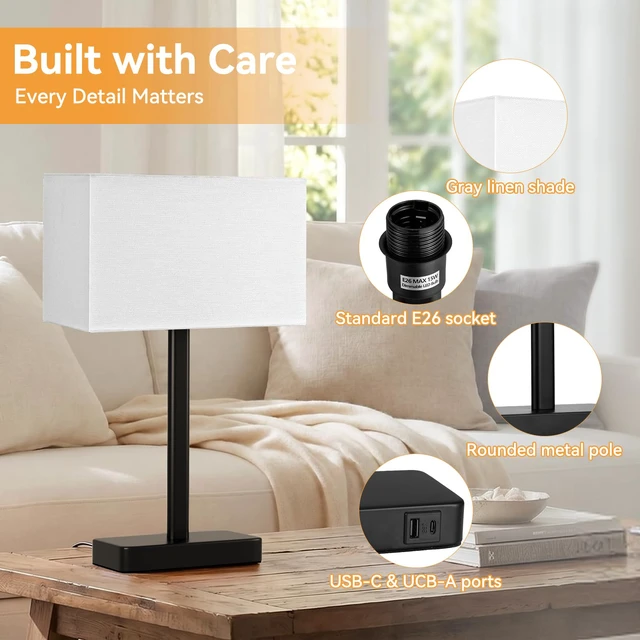 Alt view image 7 of 7 - Bedside Lamps Set of 2, 3 Way Dimmable White Touch Lamps for Bedroom Modern Table Lamp for Nightstands, White Black Desk Lamp for Home Office, with USB C+A, End Tables Bed Side, Bulb Included