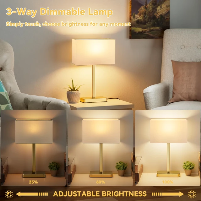 Alt view image 2 of 7 - Touch Lamps for Bedroom, Bedside Table Lamps Set 2, D. White&Gold Modern Table Lamp for Nightstands, Desk Lamp for Bedroom, with USB C+A, End Tables Bed Side, Bulb Included, 3 Way Dimmable