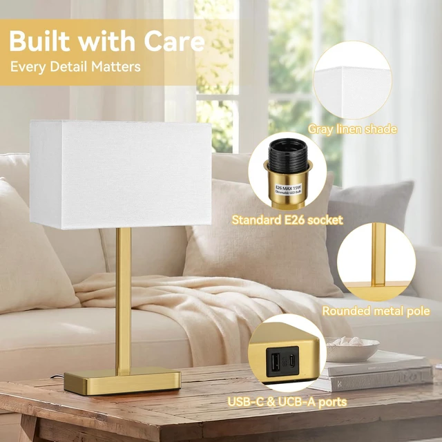 Alt view image 7 of 7 - Touch Lamps for Bedroom, Bedside Table Lamps Set 2, D. White&Gold Modern Table Lamp for Nightstands, Desk Lamp for Bedroom, with USB C+A, End Tables Bed Side, Bulb Included, 3 Way Dimmable