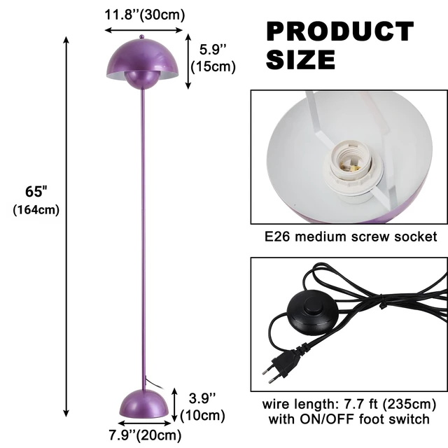 Alt view image 6 of 7 - Mid-Century Modern Metal Bud Floor Lamp for Home and Office, Pearl Violet Indirect lighting, fits narrow spaces,fit for bedroom, living room & office, match with modern, industrial, farmhouse decor
