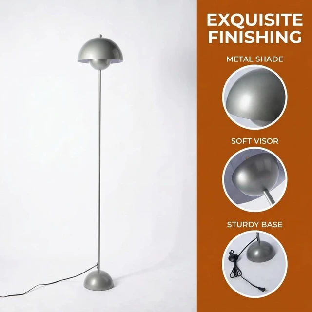 Alt view image 7 of 7 - Mid-Century Modern Metal Bud Floor Lamp for Home and Office, Pearl Grey Indirect lighting, fits narrow spaces,fit for bedroom, living room & office, match with modern, industrial, farmhouse decor