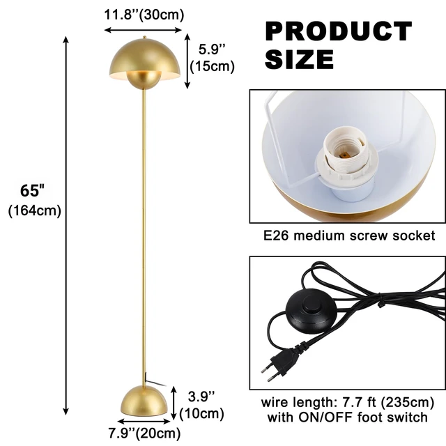 Alt view image 6 of 6 - Mid-Century Modern Metal Bud Floor Lamp for Home and Office, Pearl Gold Indirect lighting, fits narrow spaces,fit for bedroom, living room & office, match with modern, industrial, farmhouse decor