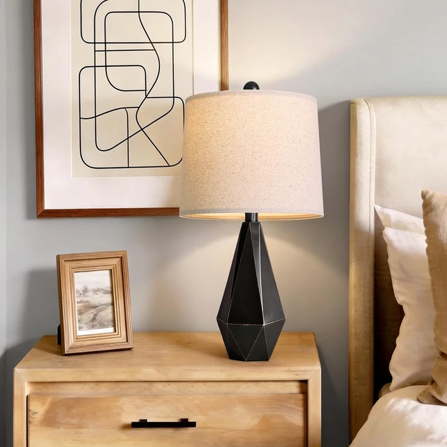 Alt view image 2 of 7 - Table Lamps Set of 2 for Bedroom, 23.5'' High Farmhouse Nightstand Lamps for Living Room, Modern Bedside Lamps with Linen Shade for Office Sideboard Hallway Gift (Matte Black)