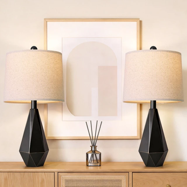 Alt view image 4 of 7 - Table Lamps Set of 2 for Bedroom, 23.5'' High Farmhouse Nightstand Lamps for Living Room, Modern Bedside Lamps with Linen Shade for Office Sideboard Hallway Gift (Matte Black)